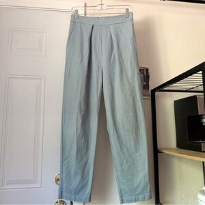 MIEN dusty denim blue high rise pleated front cropped tapered straight leg pants